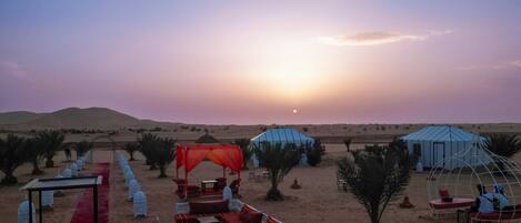 A desert landscape with a red carpet leading to a seating area with a canopy, surrounded by palm trees and a tent.
