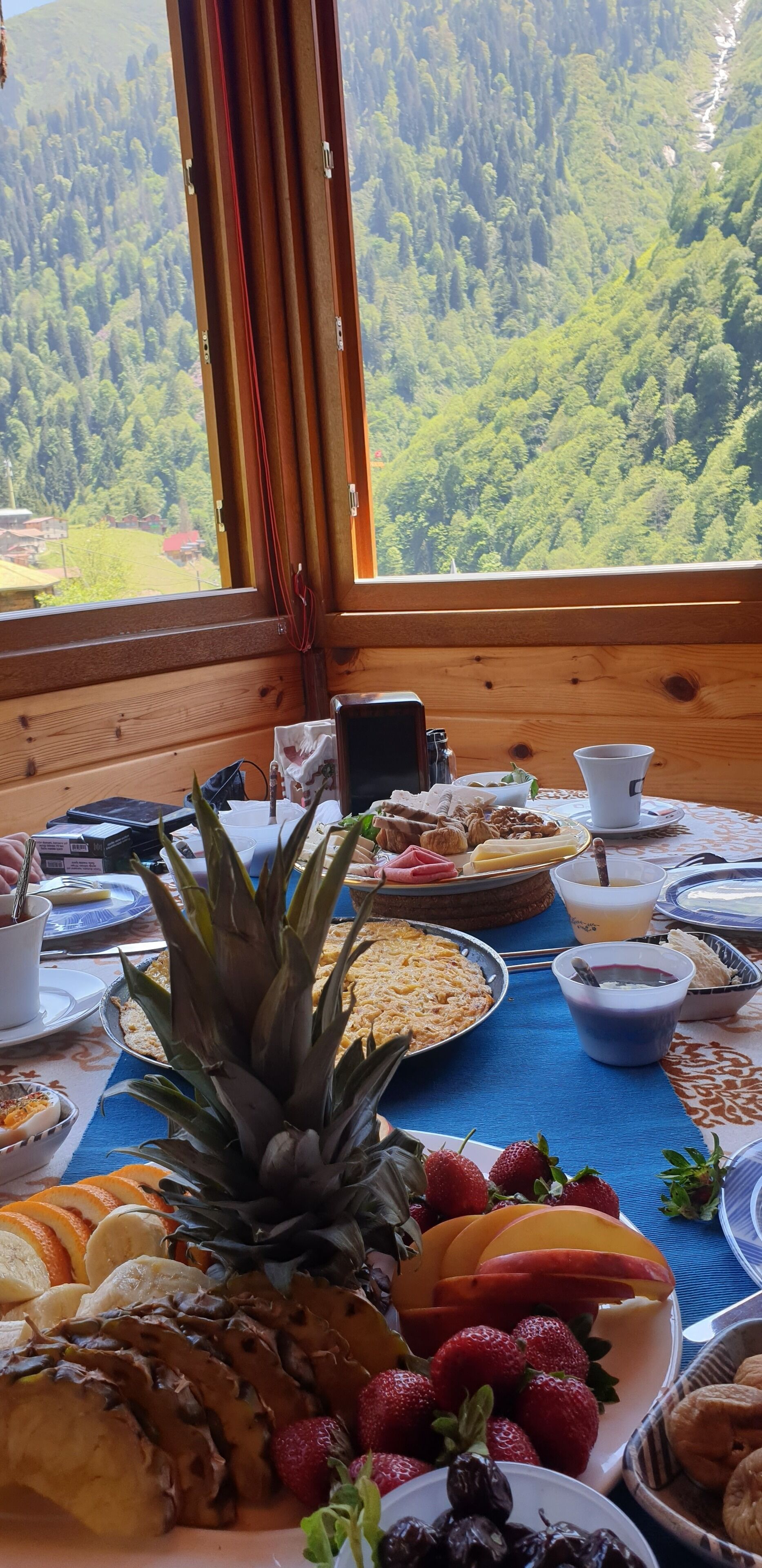 Una mesa de desayuno con gran variedad de alimentos y una vista panorámica de una montaña boscosa.