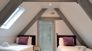 Ein Schlafzimmer mit zwei Betten, einem Oberlicht und einer Duschkabine aus Glas.