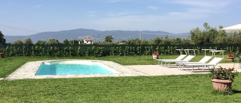 Seasonal outdoor pool, pool umbrellas, sun loungers