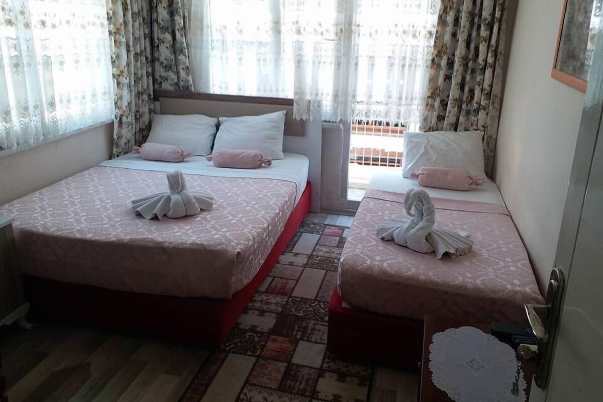 A hotel room with two beds, each with a pink bedspread and matching pillows. There is a small rug on the floor and a door with a handle.