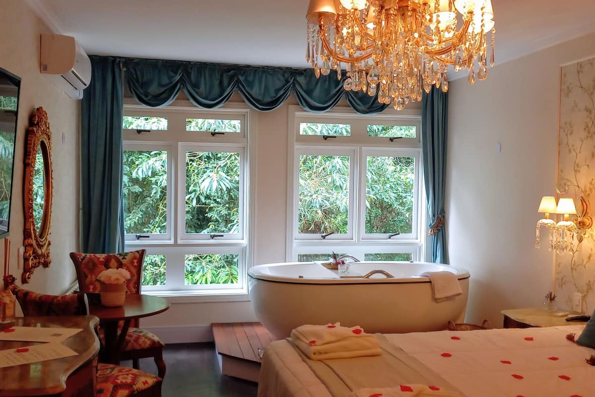 A bedroom with a large bed, a bathtub, a chandelier, and a view of greenery through the windows.
