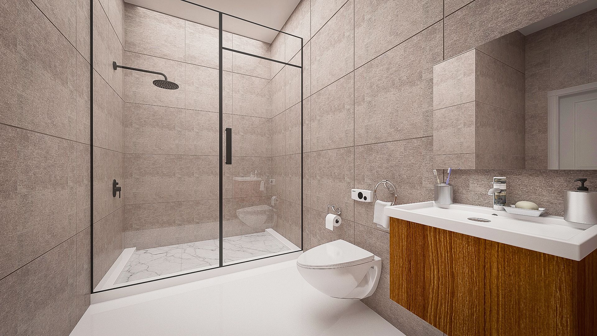 Shower, hair dryer, slippers, towels