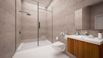 Shower, hair dryer, slippers, towels