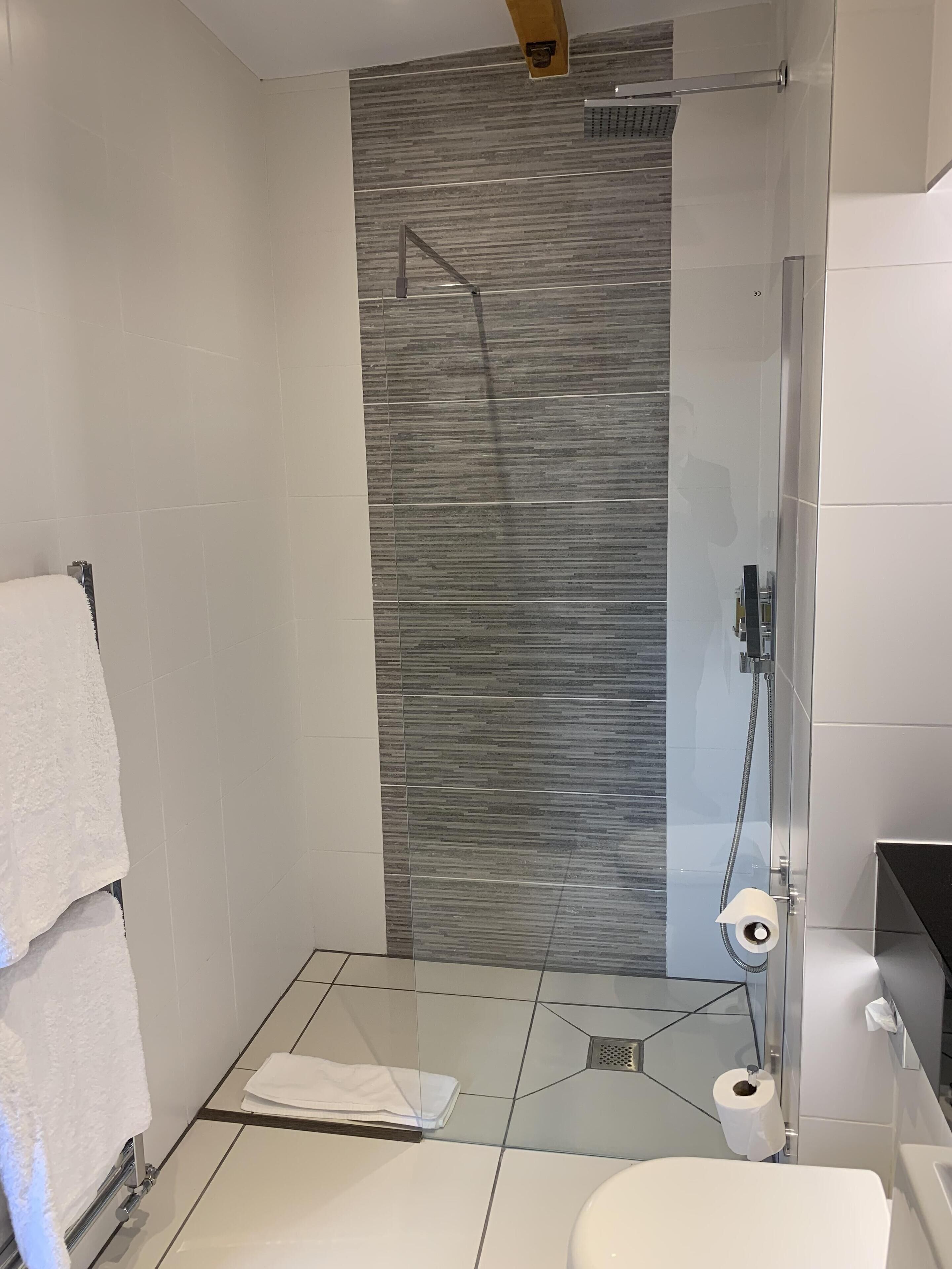 A modern bathroom with a glass shower enclosure, a toilet, and a towel rack.