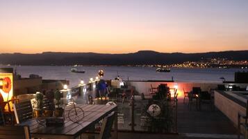 Outdoor pool, pool umbrellas, pool loungers