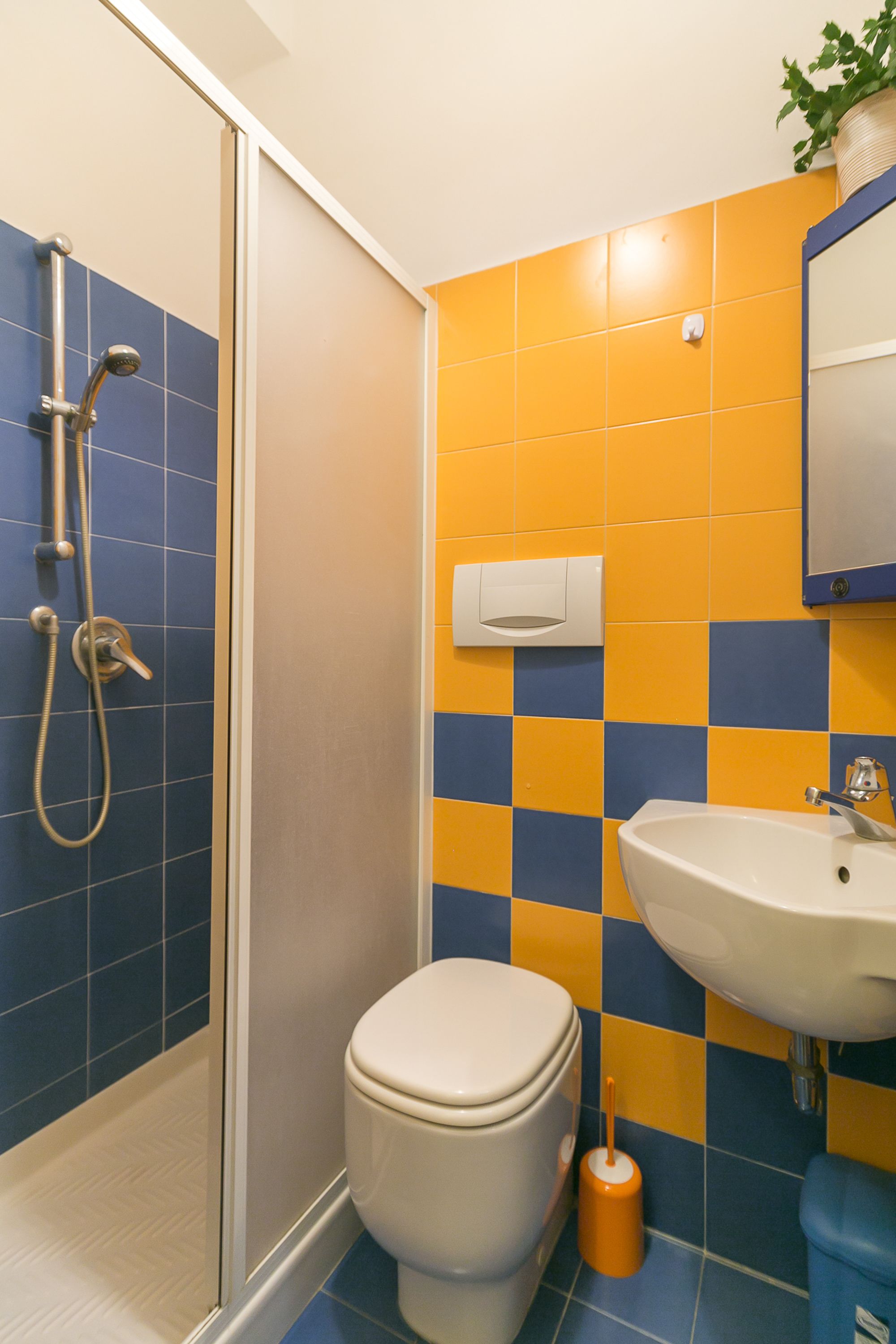 Baño con ducha, inodoro, lavabo y espejo.