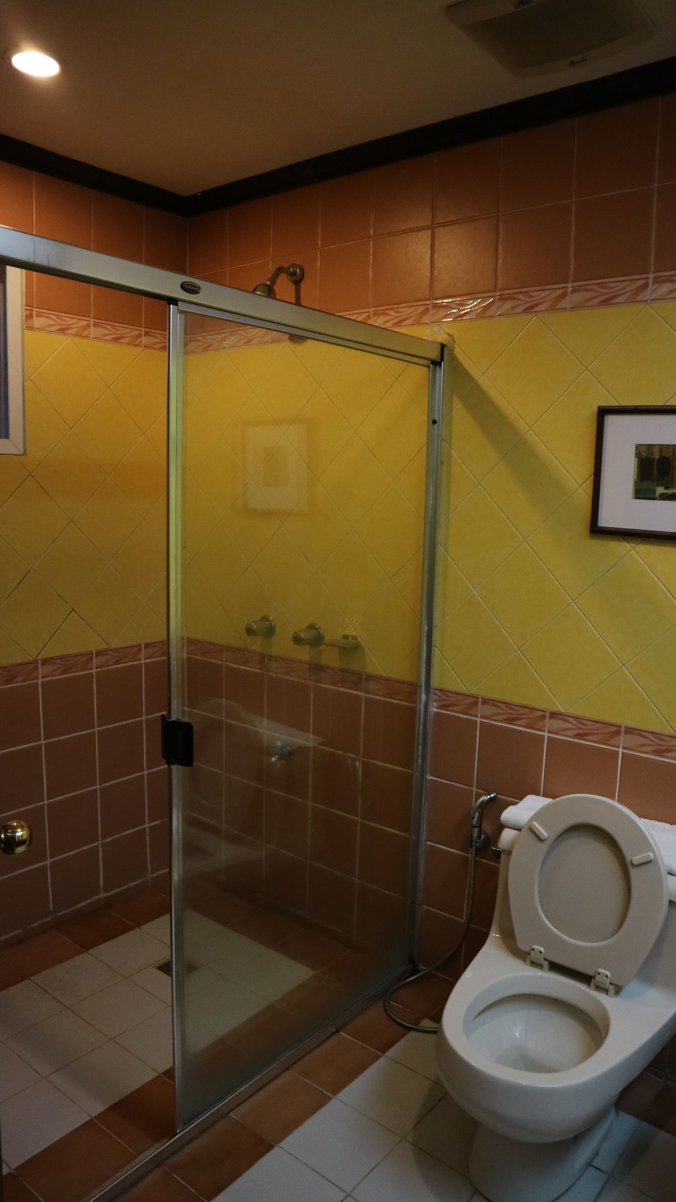 Ein Badezimmer mit Duschkabine aus Glas, Toilette und gelben Fliesen.