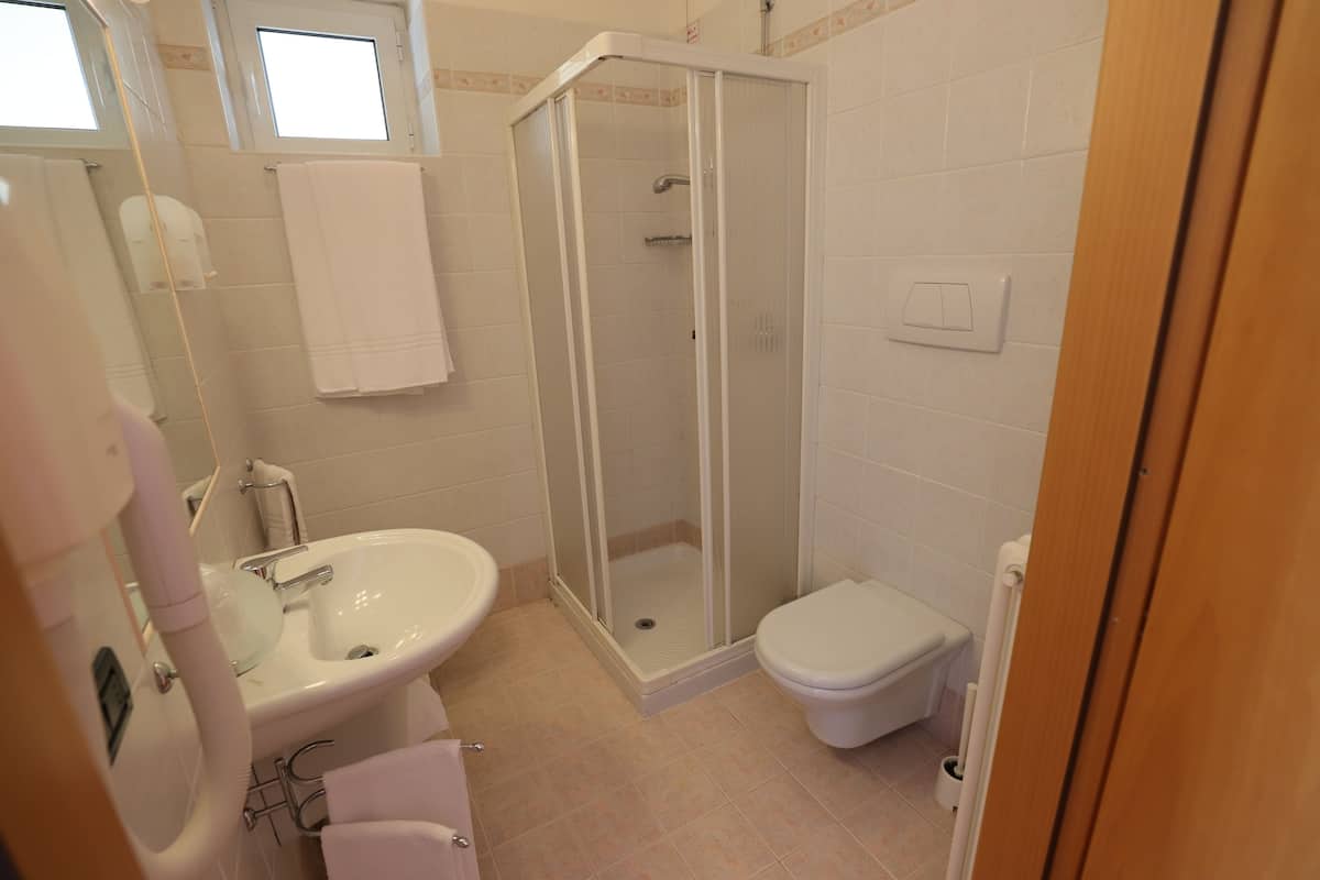 standard double room | bathroom | shower, free toiletries, hair dryer, towels