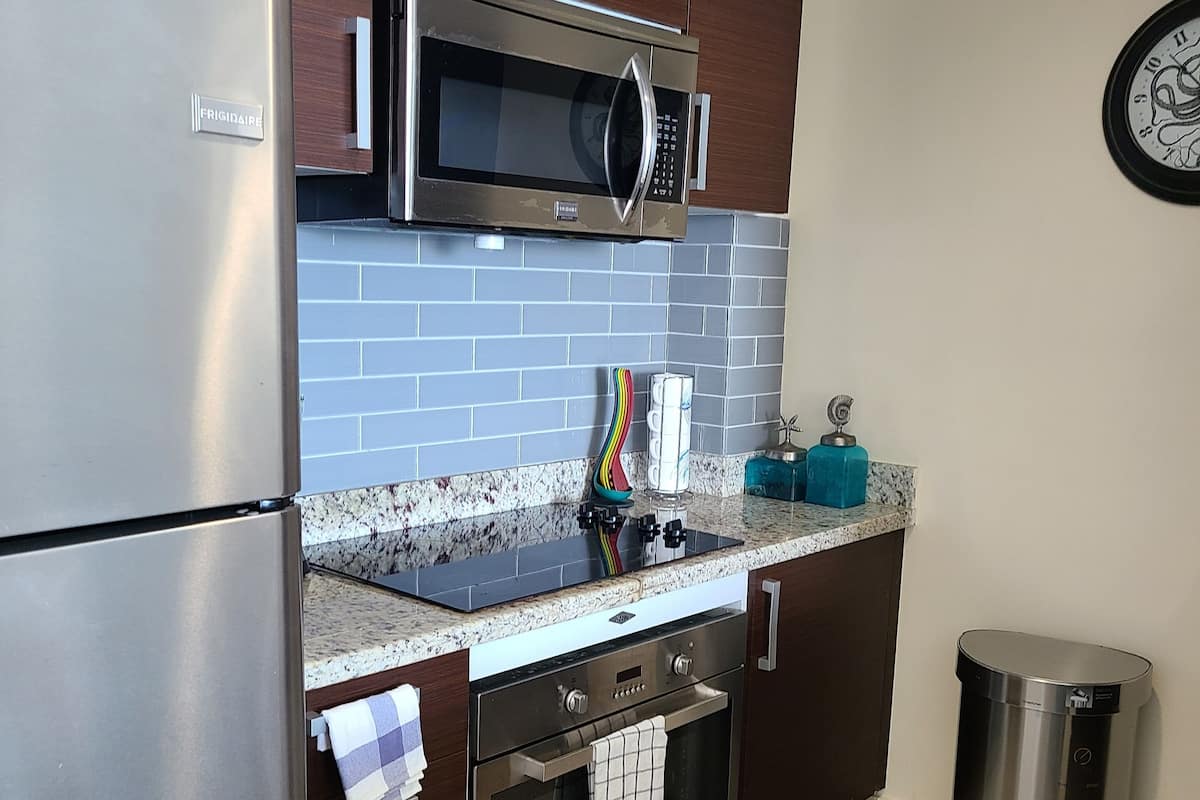 Deluxe Apartment, Ocean View, Beachfront | Private kitchen | Full-size fridge, microwave, oven, stovetop