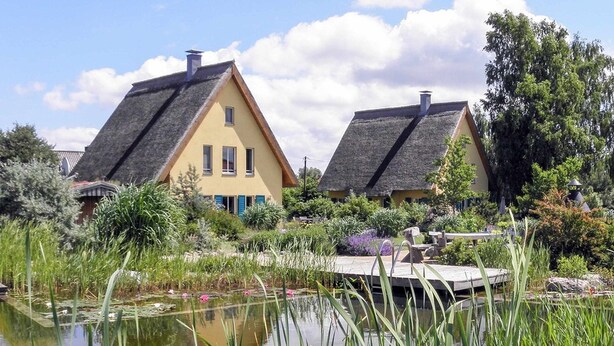 A traditional yellow house with a thatched roof, surrounded by a pond and lush greenery. - Reetdachhaus in Krienke (Rankwitz)