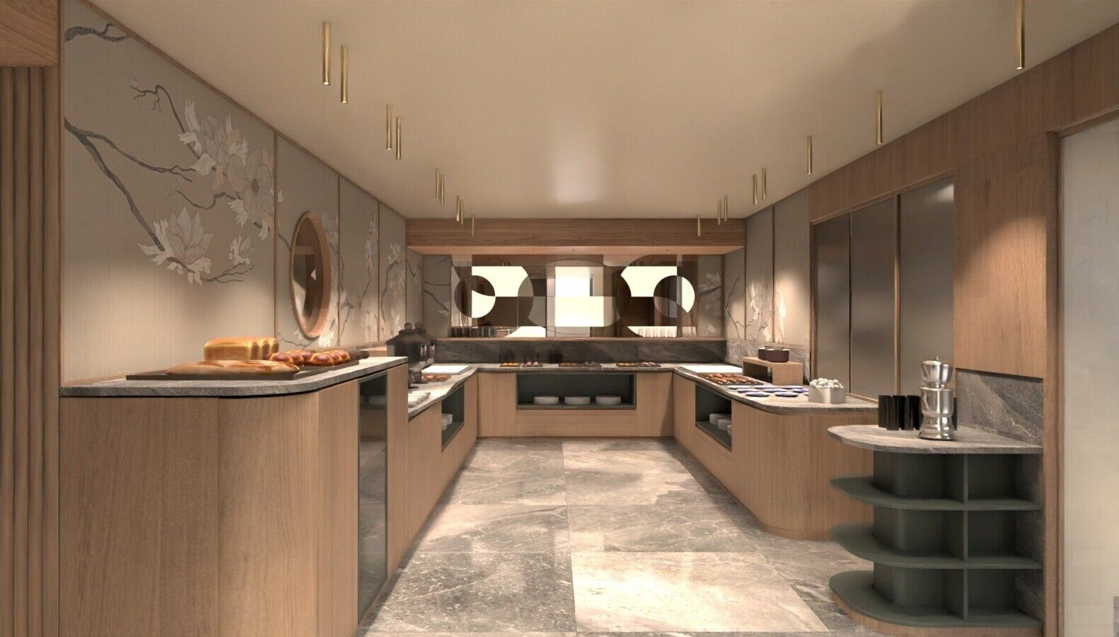 A modern kitchen with wooden cabinetry, a central island, and a marble backsplash.