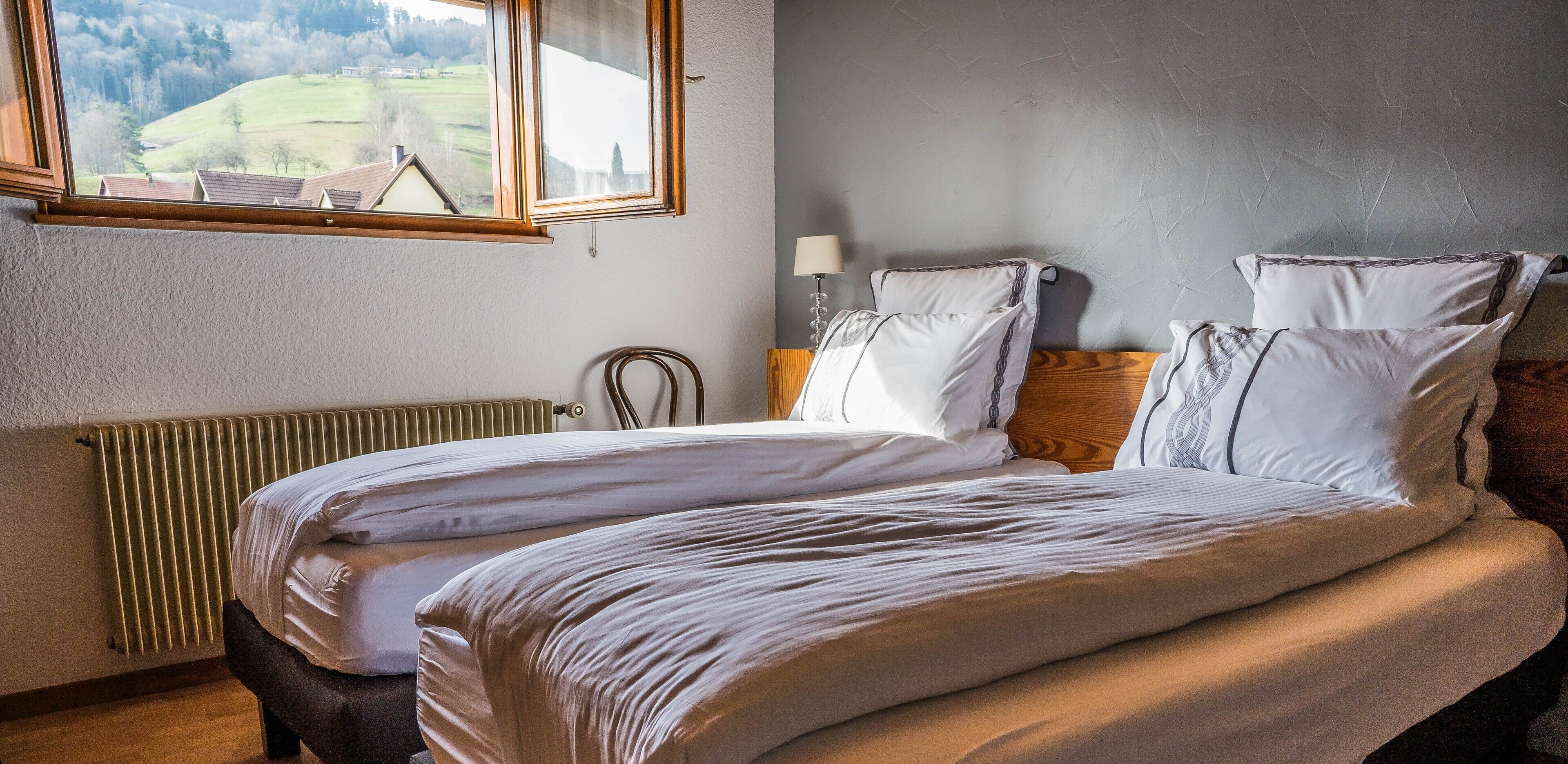 A bedroom with a double bed, a radiator, a window with a view of a green landscape, and a lamp on the nightstand.