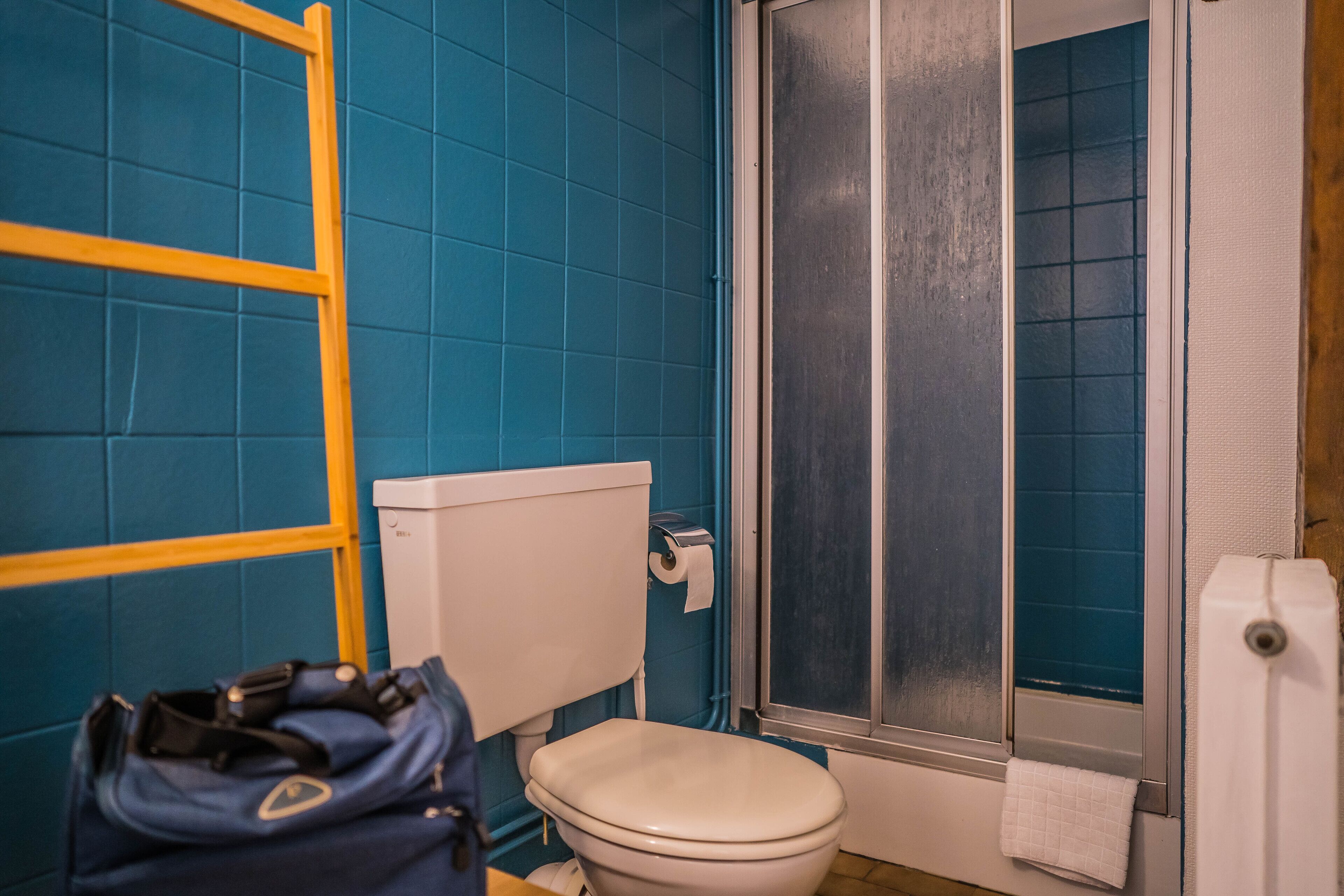 Un baño con inodoro, ducha con puerta de cristal y pared de azulejos azules.