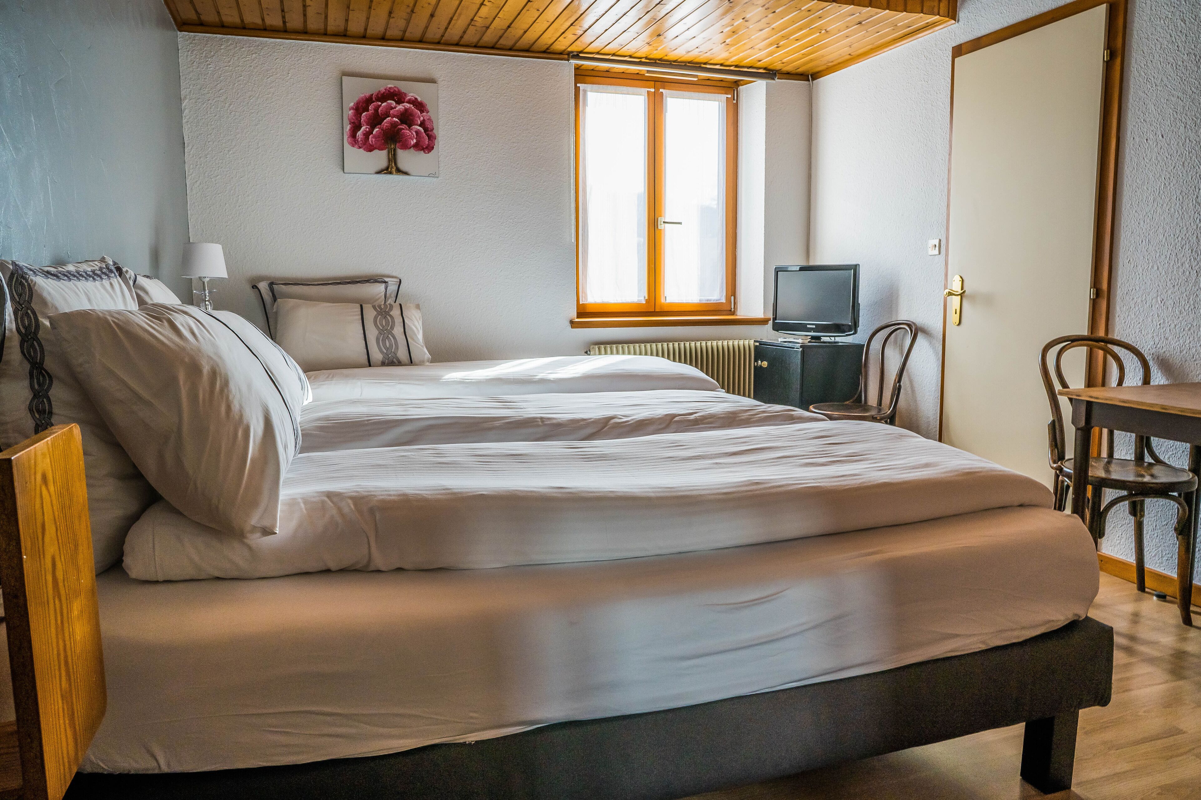 Une chambre à coucher avec un lit, une télévision, une chaise et une fenêtre.