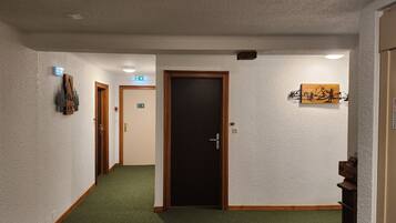 A hallway with green carpet, wooden doors, and a small exit sign.