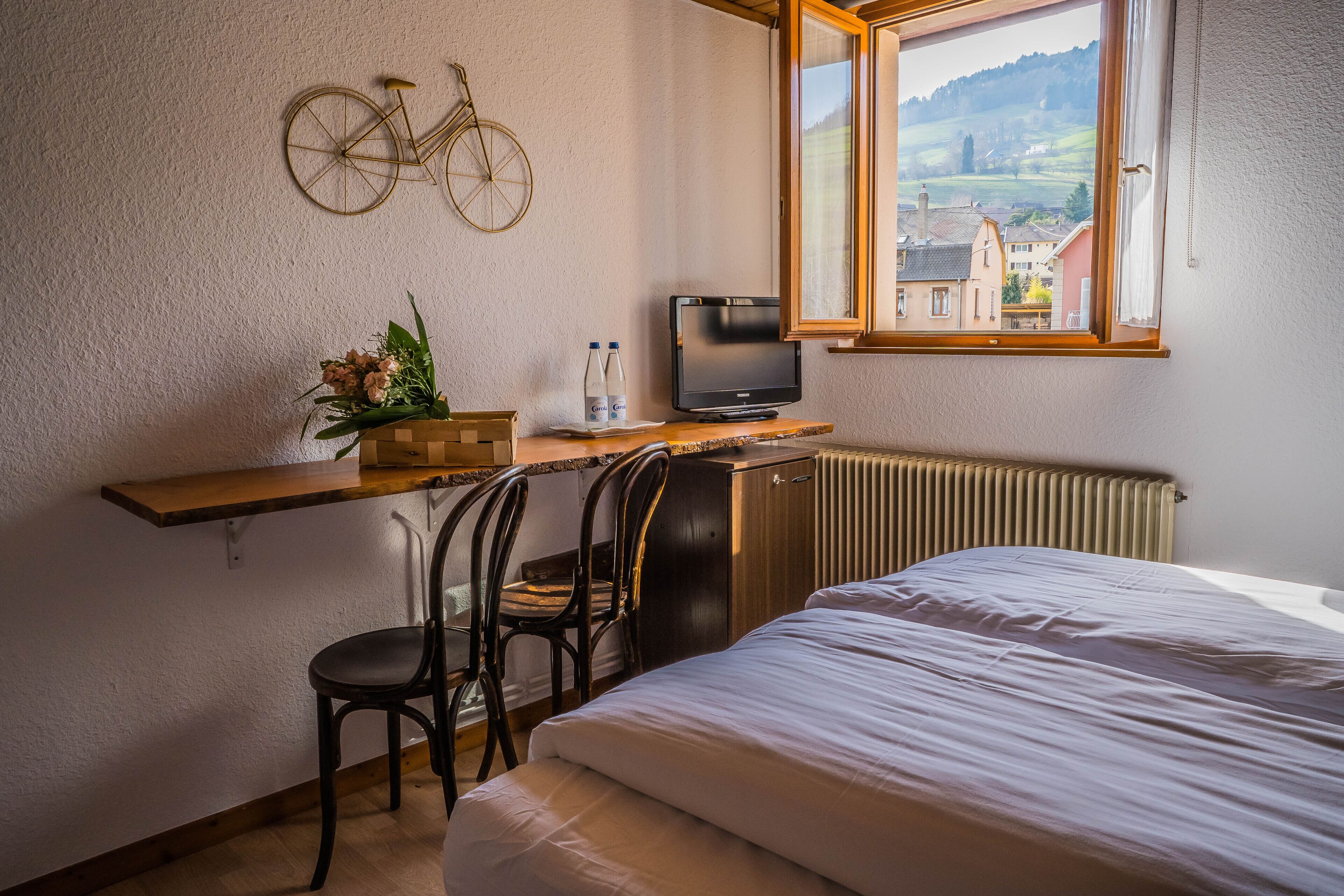 A bedroom with a bed, a desk with a chair, a television, a window with a view of a village, and a bicycle mounted on the wall.