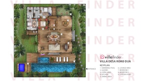 A floor plan of Villa Desa Roro Dua with numbered rooms and a swimming pool. - Villa Desa Roro Dua by Villa Finder (Canggu)