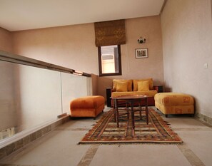 Villa | Living area | 42-inch flat-screen TV with cable channels, TV - La Rose De L'Atlas (Marrakech)