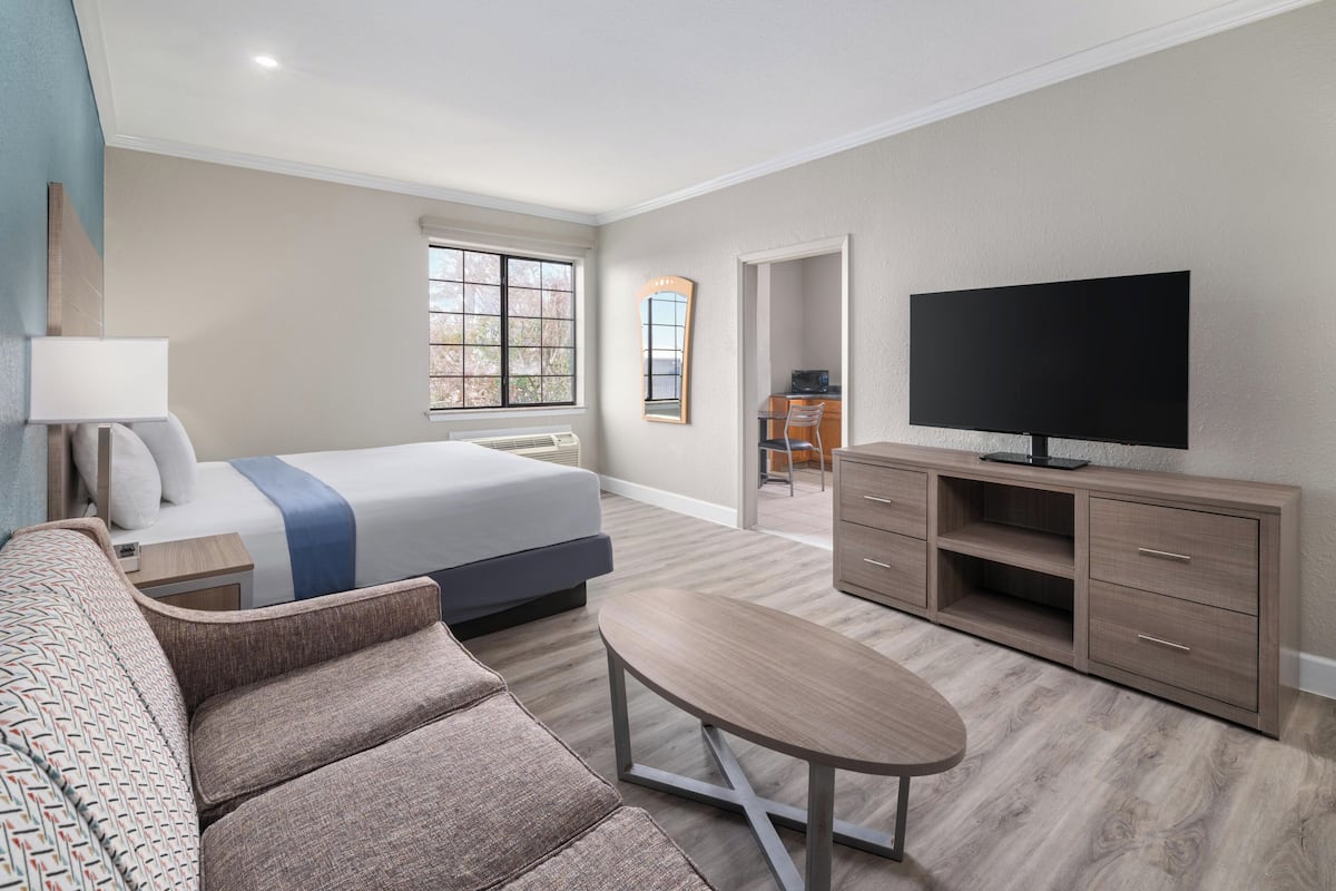A modern hotel room with a bed, a TV, a desk, and a sofa.