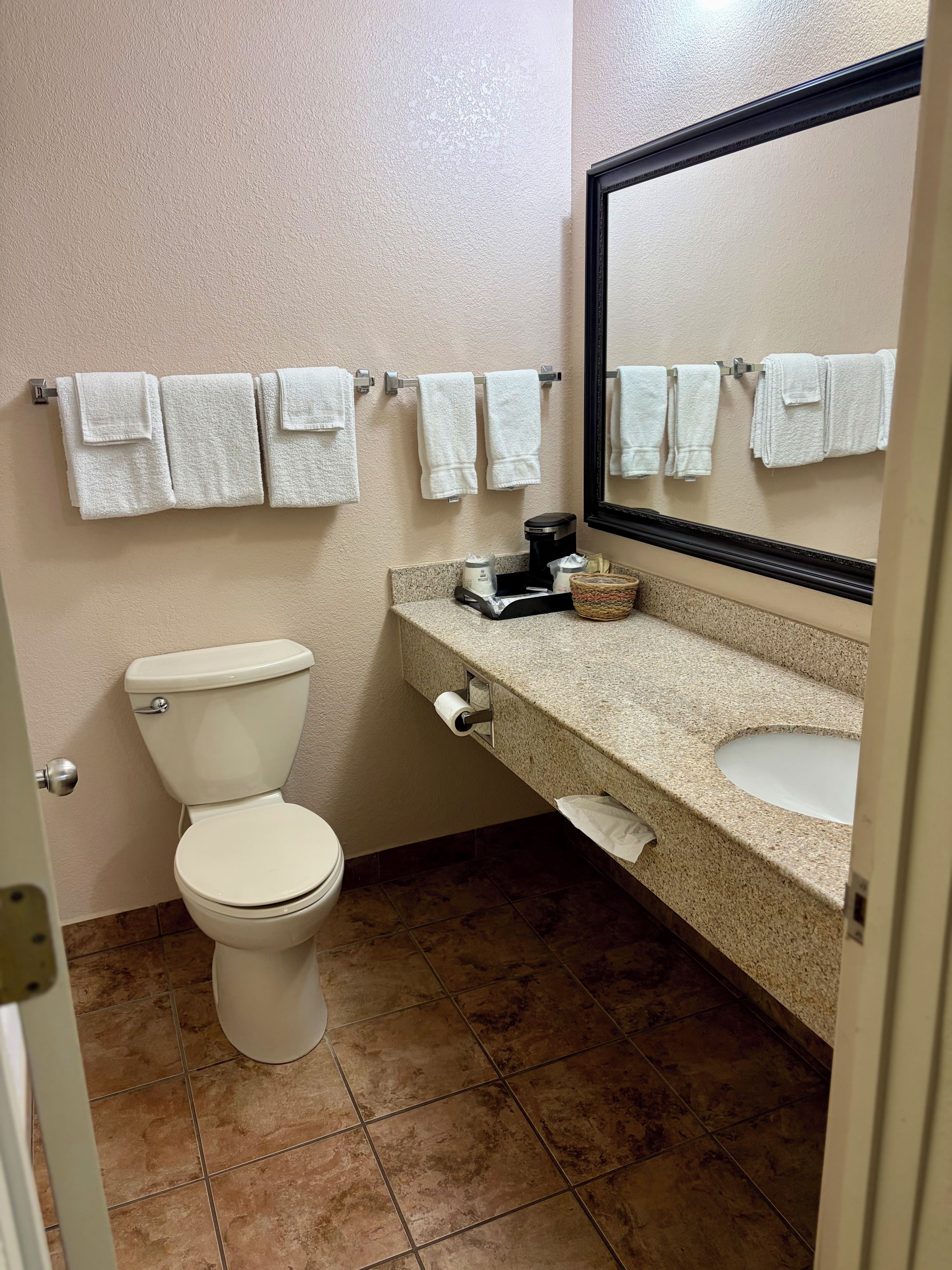Une salle de bain équipée de toilettes, d’un lavabo et de plusieurs serviettes suspendues sur un porte-serviettes.