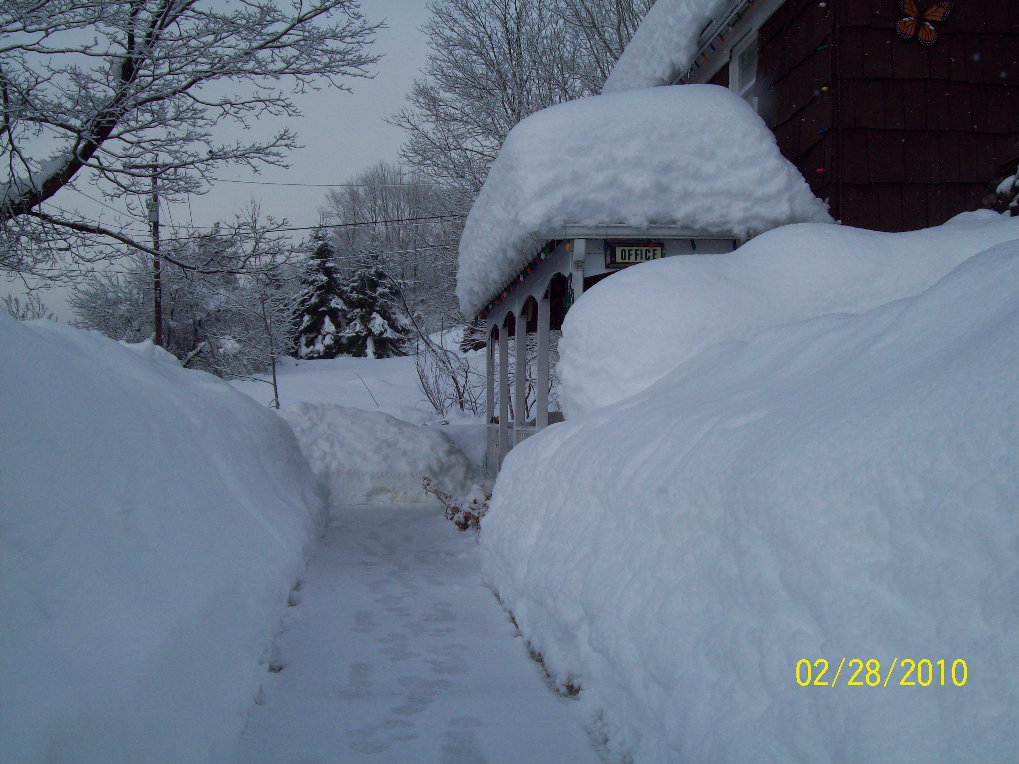 A snow-covered pathway leading to a building labeled "OFFICE" with a butterfly decoration on the wall.