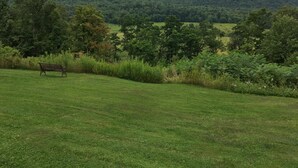 A grassy field with a bench and a mountain in the background. - Cave Mountain Motel (Windham)