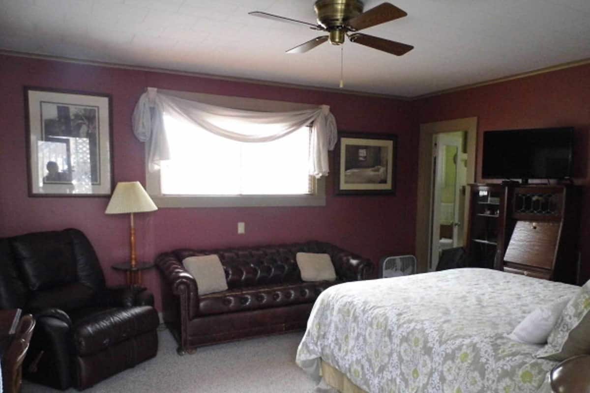 A bedroom with a bed, a leather armchair, a sofa, a ceiling fan, a television, and a window with curtains.