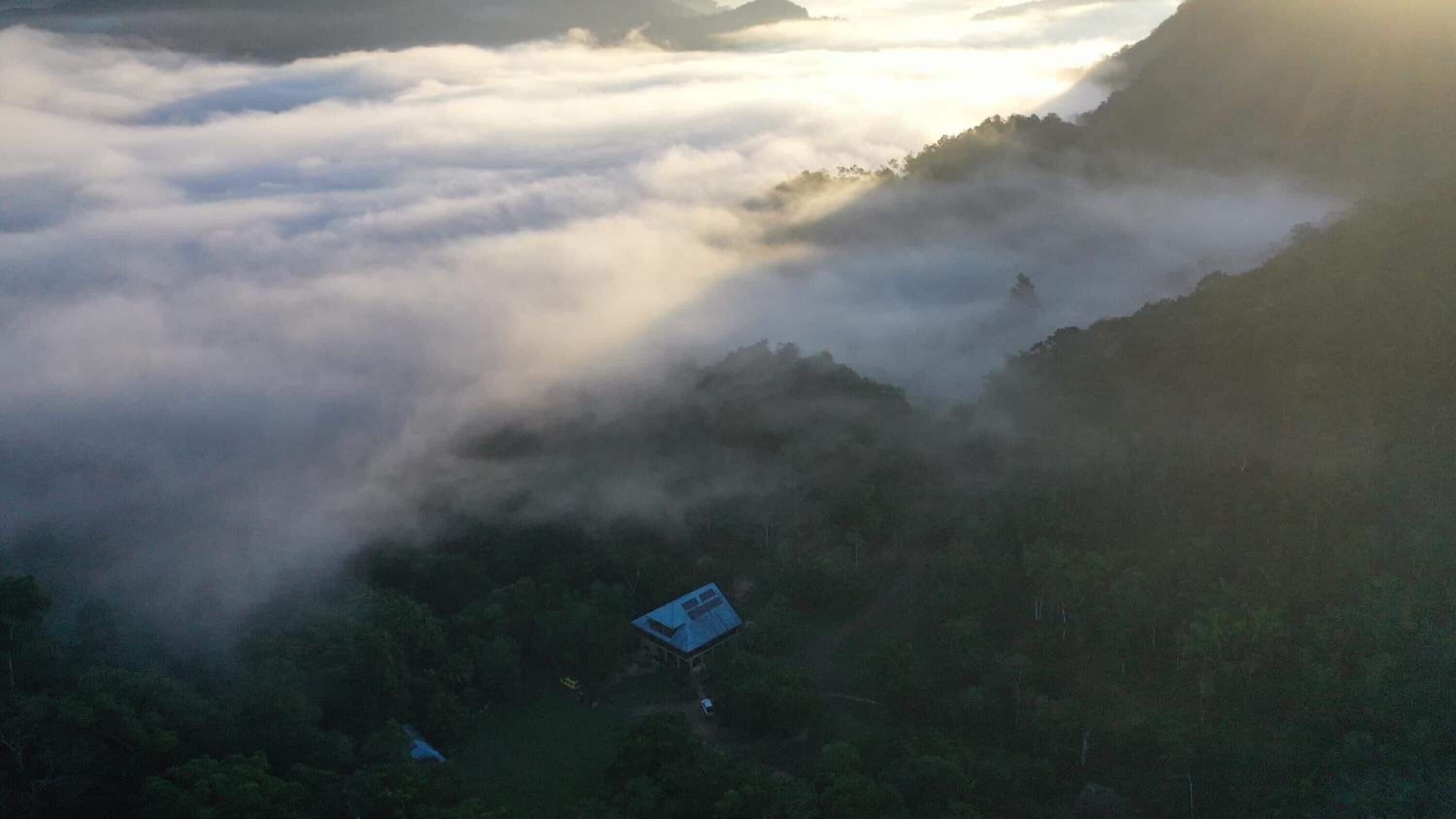 A remote house surrounded by dense forest and misty mountains.