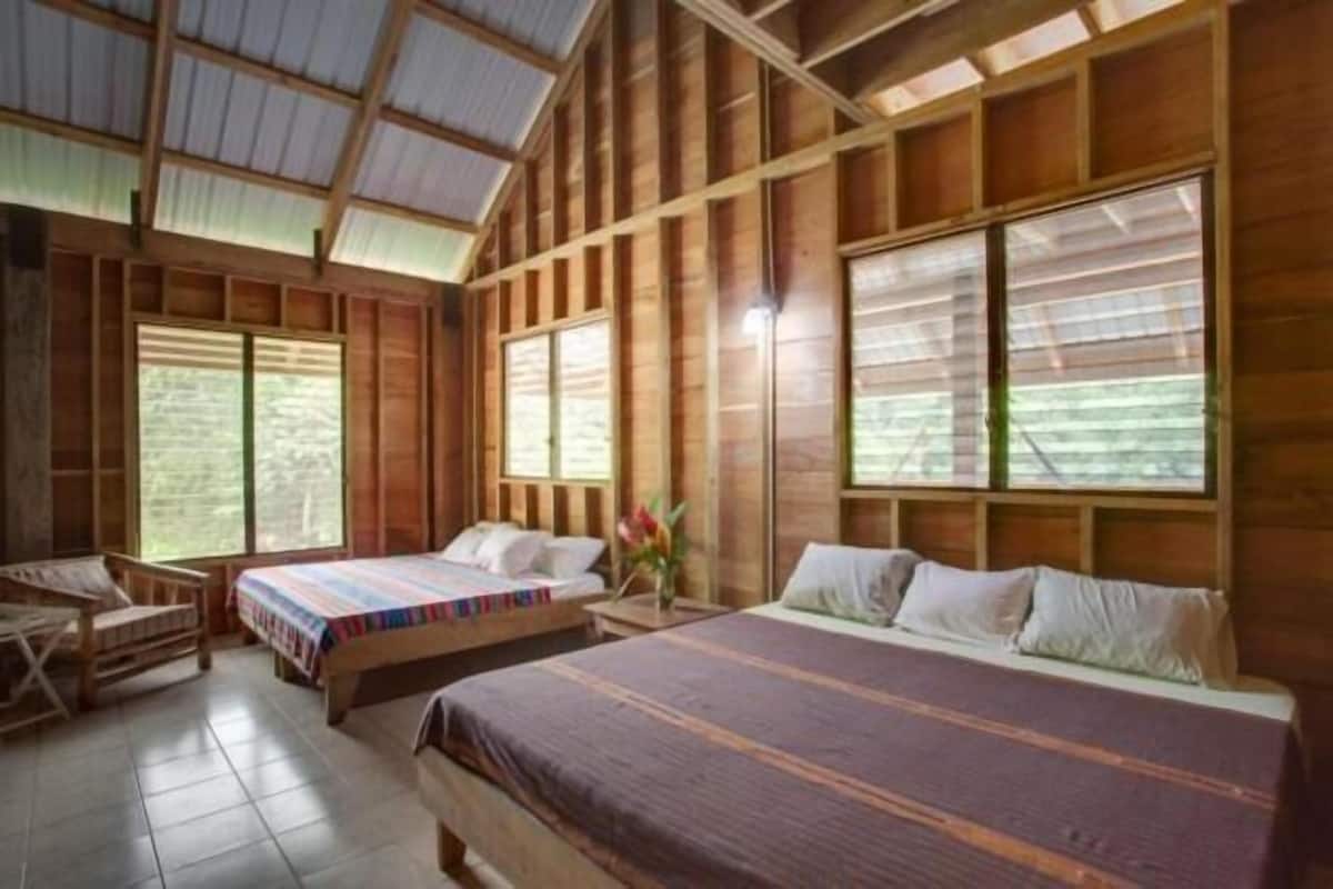 A wooden room with two beds, a desk, and large windows.