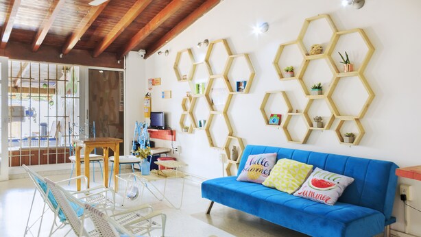 A living room with a blue sofa, white chairs, a wooden ceiling, and hexagonal wall shelves with plants. - Hotel Fike (Bucaramanga)