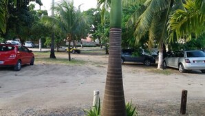 Un estacionamiento con varios coches, palmeras y suelo de tierra.