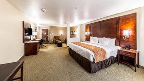Habitación de hotel con una cama grande, un escritorio con silla, un sofá y un televisor.