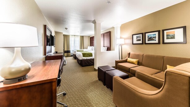 Una habitación de hotel con cama, sofá, escritorio y lámpara.