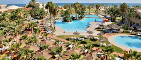 Indoor pool, outdoor pool, open open 24 hours a day, pool umbrellas