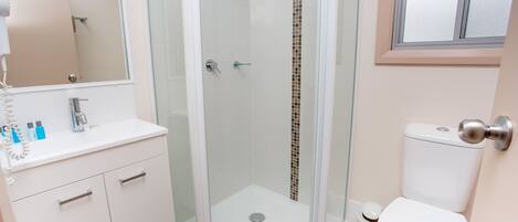Une salle de bain moderne avec une douche à parois de verre, un lavabo blanc agrémenté d’articles de toilette et des toilettes.