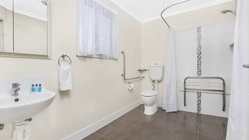 A bathroom with a sink, toilet, shower, and a handrail.
