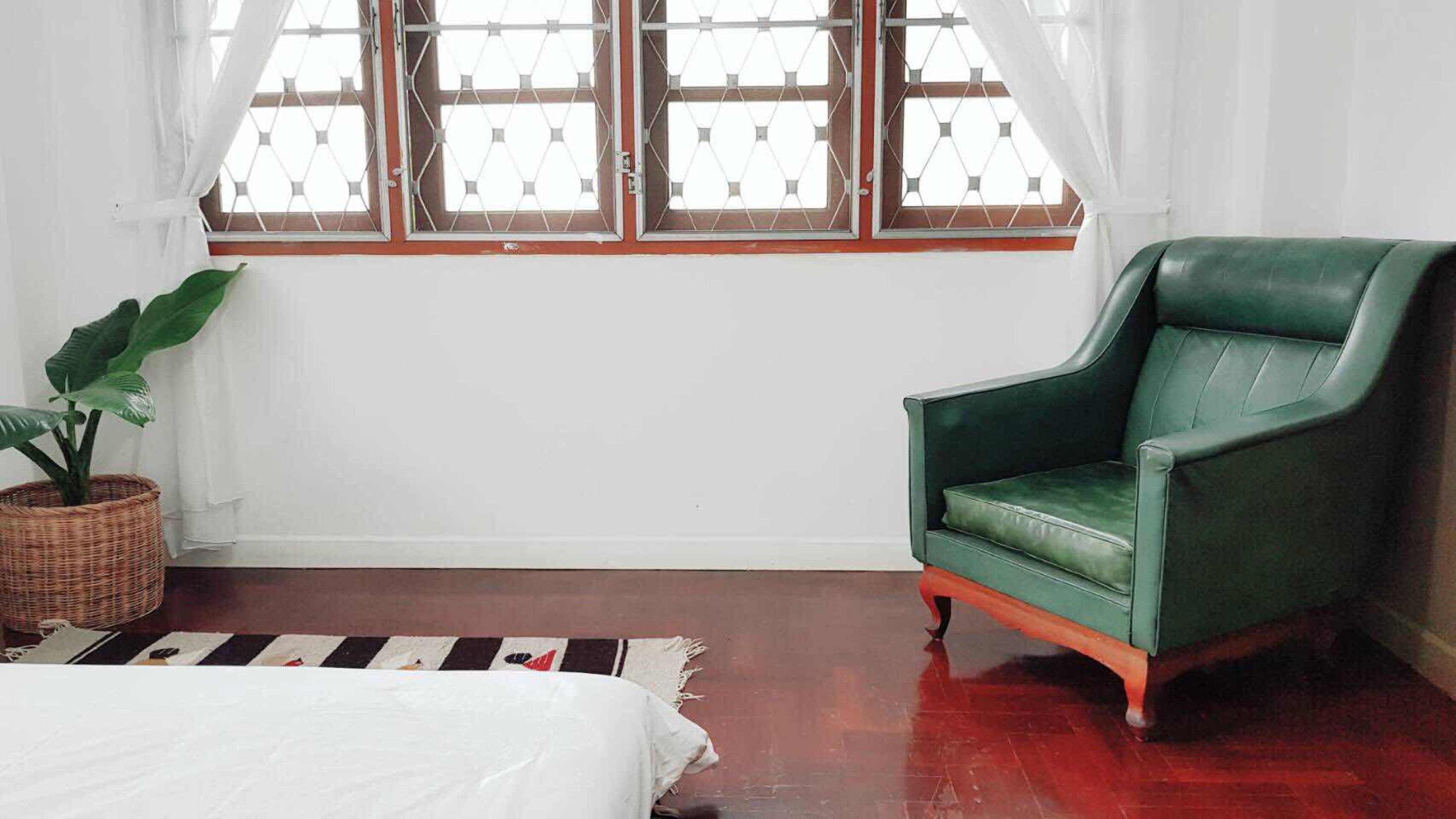A room with a green leather armchair, a large potted plant, and a bed with a striped rug.