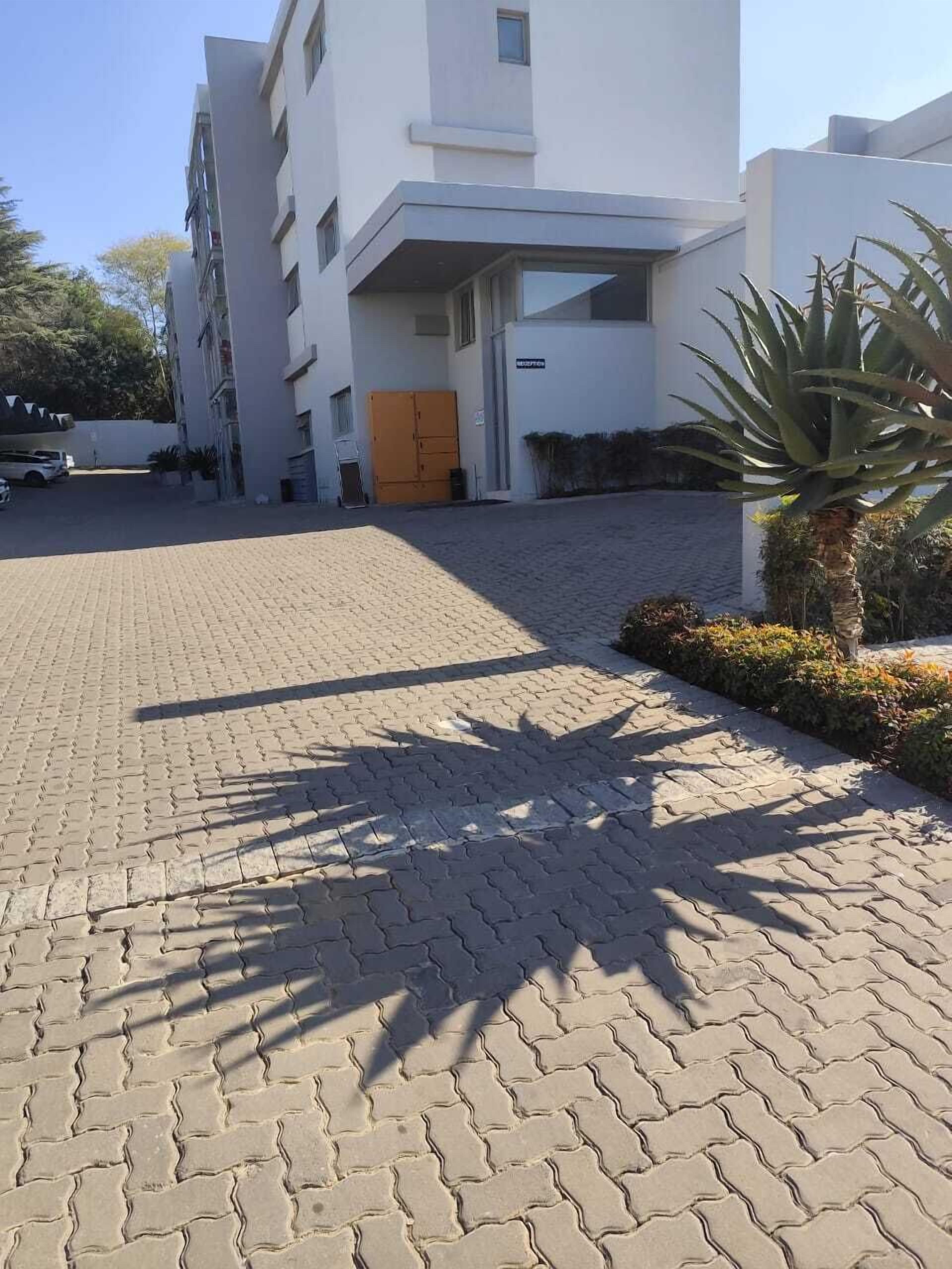 Área de entrada pavimentada com entrada de prédio, uma palmeira e um veículo ao fundo.