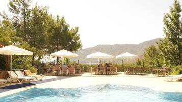 Alberca al aire libre, sombrillas en la alberca y camastros