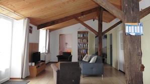Een ruime woonkamer met hoog houten plafond, een televisie, een boekenkast en een bank.