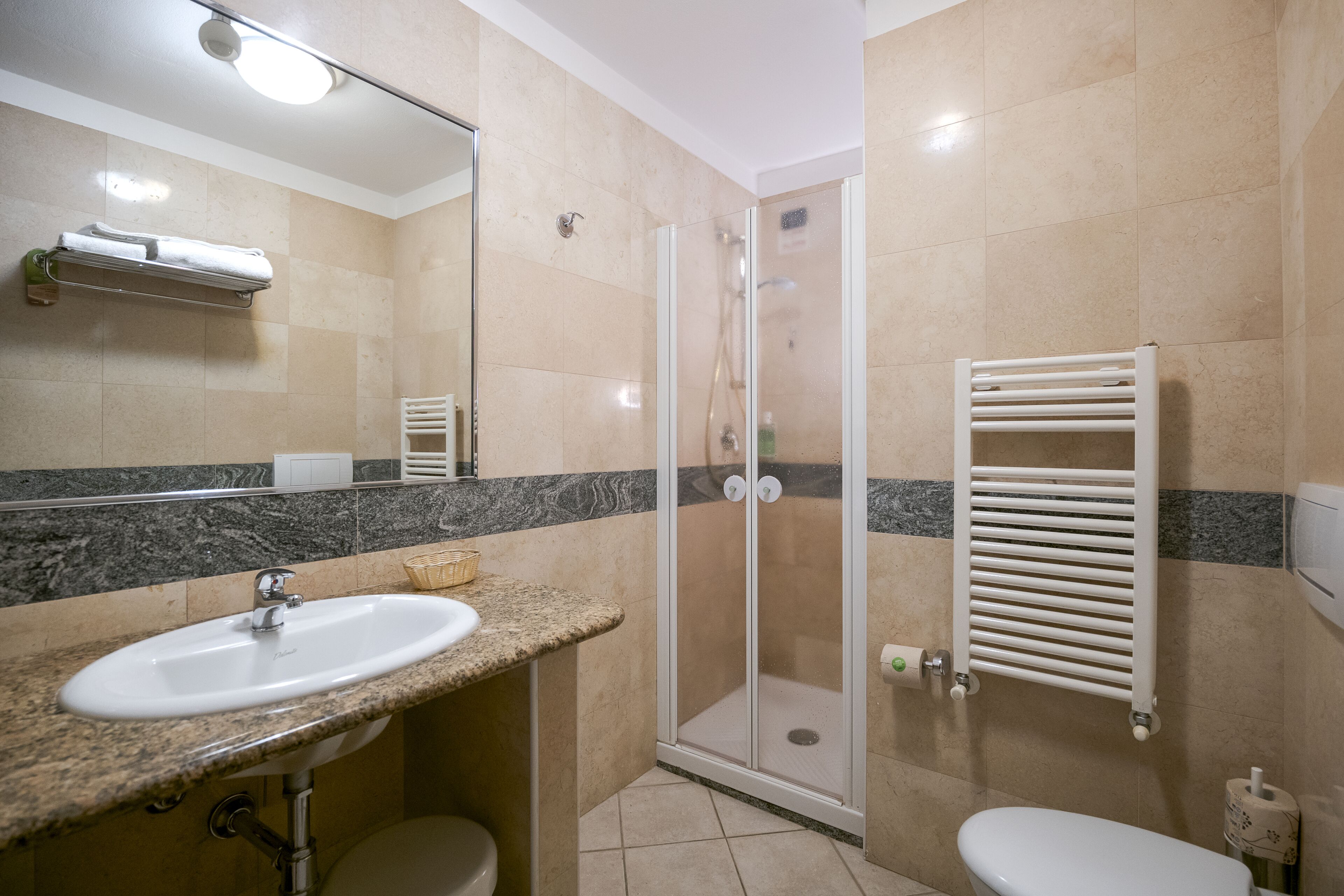 Un baño con lavamanos, espejo, ducha e inodoro.
