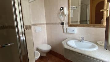 A bathroom with a glass shower enclosure, a white toilet, a sink with a mirror, and a trash bin.