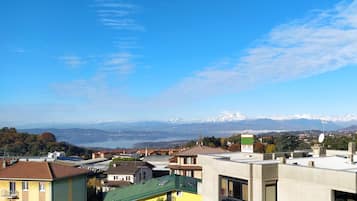 Zona residencial con casas y montañas nevadas al fondo.
