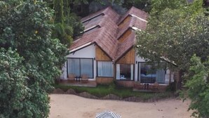 Une piscine avec un canard gonflable jaune, des chaises longues et des parasols.