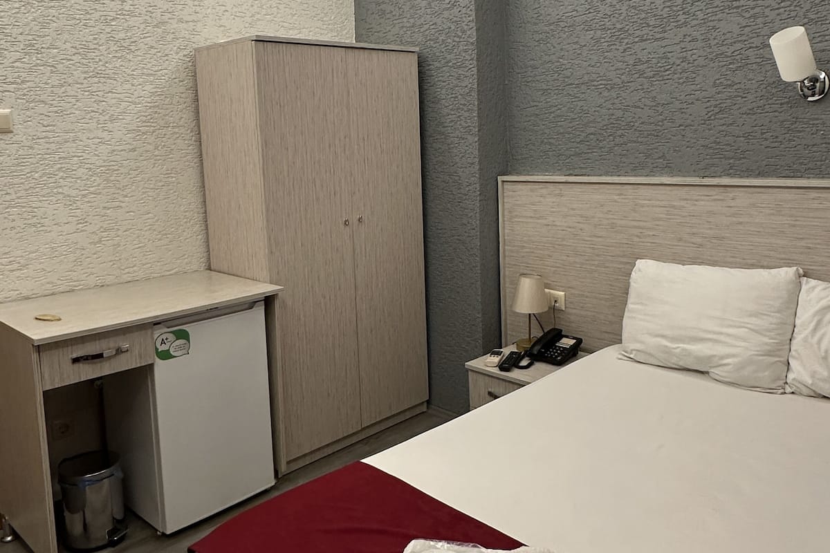 A hotel room with a bed, a desk, a wardrobe, a nightstand, and a trash bin.