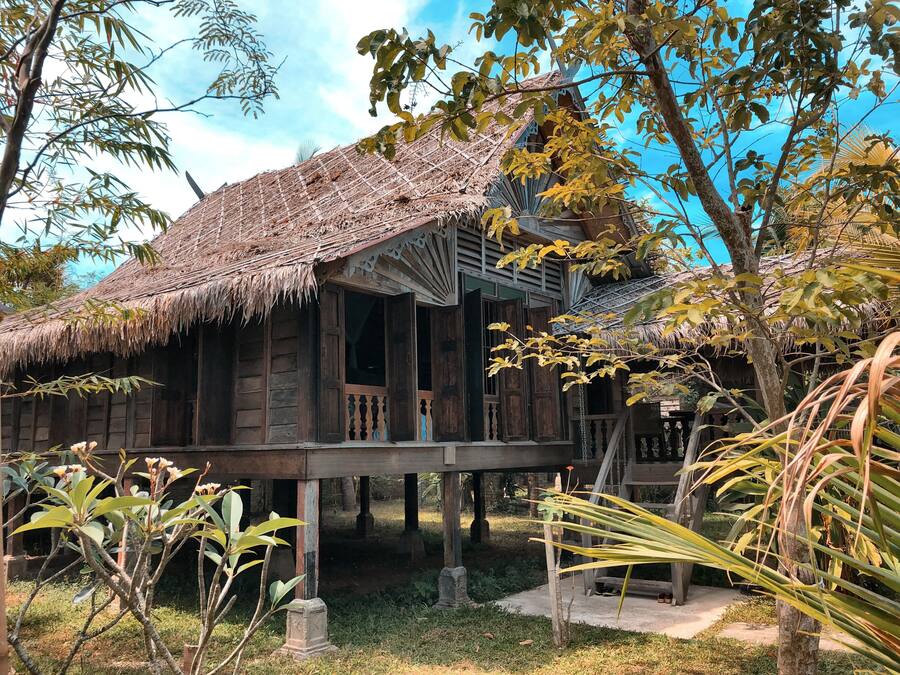 A traditional wooden house with a thatched roof, elevated on stilts, surrounded by tropical vegetation.