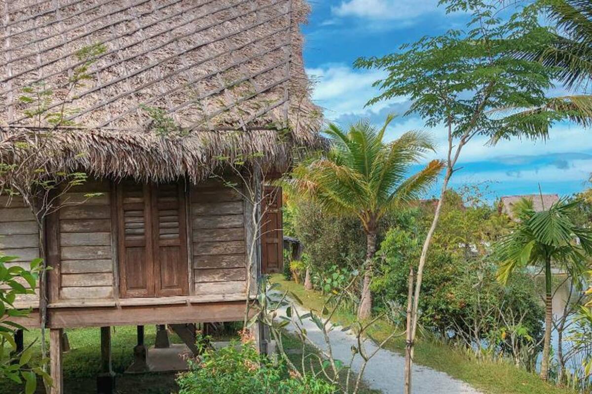 A wooden house with a thatched roof, surrounded by lush greenery and a palm tree.