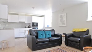 A modern living room with a black leather sofa, a black armchair, and a colorful striped rug. - The London Agent Spitalfields (London)