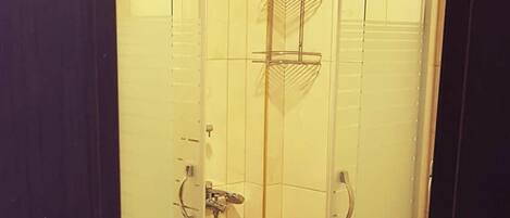 A glass-enclosed shower stall with a white sink and a showerhead.